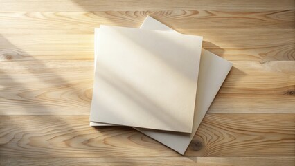 Aufkleber - Cream-colored paper sheets rest on a light wood surface, bathed in soft sunlight creating a calming and minimalist scene.