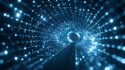 Poster - Glowing digital particles flowing through an abstract tunnel virtual space wallpaper futuristic depth-perception conceptual
