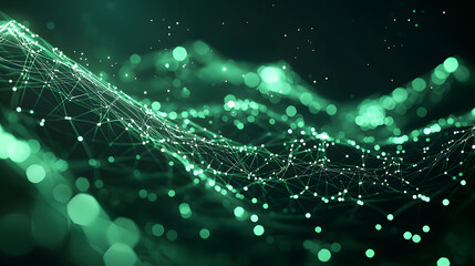 Fototapete - Dynamic digital particles flowing abstract wallpaper virtual environment glowing data waves immersive viewpoint