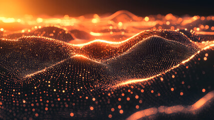 Poster - Glowing digital particles flowing through abstract waves wallpaper virtual space 3d art futuristic environment dynamic view