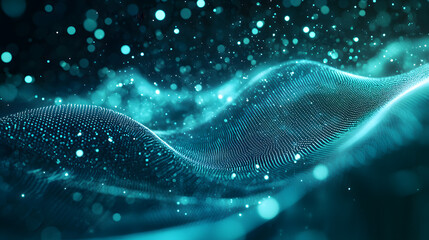Poster - Dynamic abstract wallpaper of glowing digital particles flowing in waves enchanting digital landscape