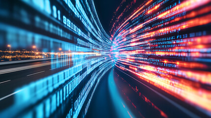 Poster - Digital data flow on road in concept of cyber global communication and coding with graphic creating vision of fast speed transfer to show agile digital transformation disruptive innov : Generative AI