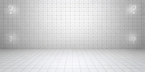 Poster - A minimalist tiled room with enigmatic question marks illuminating the scene, suggesting unanswered queries and unresolved mysteries within a clean, spacious environment.