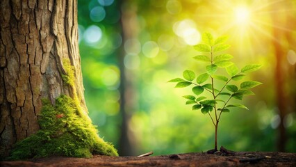Poster - A young sapling emerges from the earth, bathed in sunlight, beside a moss-covered tree trunk in a vibrant forest setting.