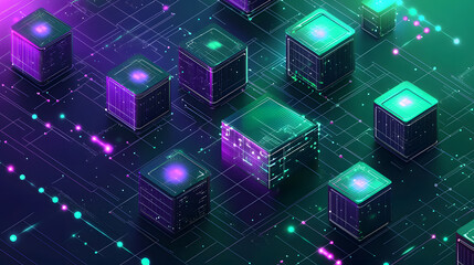 Poster - Digital blockchain cybersecurity wallpaper virtual space 3d visualization neon colors futuristic concept