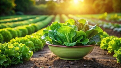 Poster - A Bowl of Freshly Harvested Romaine Lettuce in a Vibrant Garden at Sunset