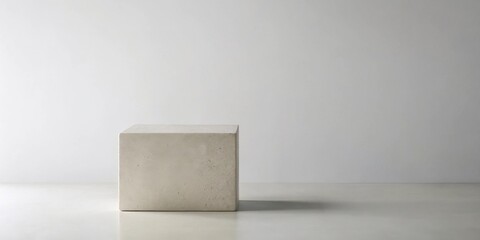 Poster - A simple light grey concrete cube sits on a flat surface against a minimalist white backdrop.  This versatile image is perfect for product displays and presentations.