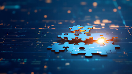 Aufkleber - Digital puzzle pieces interlocking seamlessly, glowing against a futuristic blue abstract background, symbolizing the concept of API integration and seamless connectivity