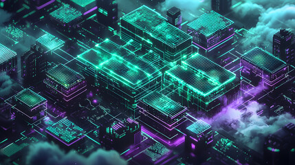 Poster - Dynamic cloud computing visualization wallpaper urban tech environment futuristic perspective decentralized systems concept