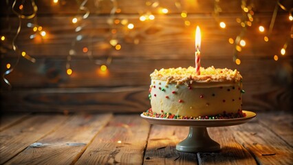 Poster - A single candle burns brightly atop a delicious vanilla birthday cake, adorned with colorful sprinkles, resting on a rustic wooden table, illuminated by soft, warm string lights.