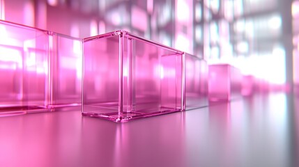 Aufkleber - Pink Crystal Cubes: A mesmerizing display of transparent, pink crystal cubes forming an abstract arrangement, reflecting light and color in an artistic composition. 