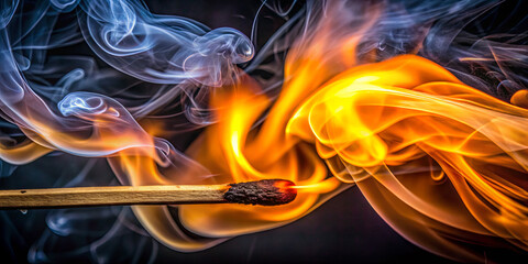 Poster - A lit match creates brilliant flames and swirling smoke against a dark background, showcasing the dynamic movement and vivid colors of fire and smoke in an artistic display