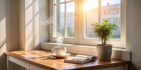 Poster - Peaceful Morning Scene Warm Sunlight Illuminates a Cozy Window Seat with a Steaming Mug, Open Book, and Lush Potted Plant