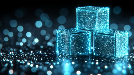 Aufkleber - Glow Cubes: Three shimmering, futuristic cubes glow against a dark bokeh background, radiating an aura of advanced technology and innovation.