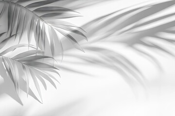 Poster - Minimalist grayscale palm leaves casting shadows on a white background.  Delicate, elegant, and tranquil.  Soft light creates a serene, artistic feel