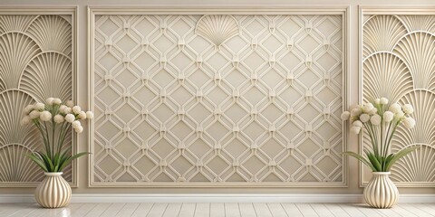 Aufkleber - Elegant cream wall paneling with decorative geometric and floral patterns, accented by ornate vases filled with white flowers, creating a sophisticated and calming interior design aesthetic.