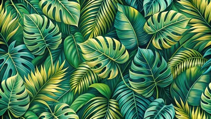 Poster - Lush Tropical Foliage A Vibrant and Detailed Seamless Pattern of Exotic Green Leaves, Perfect for Textile Designs or Decorative Purposes