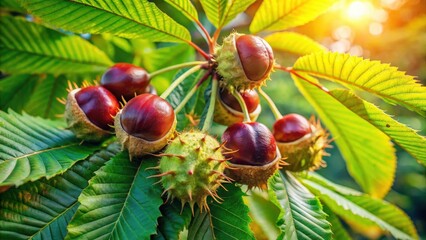 Poster - Sunlit Autumn Harvest A Cluster of Ripe Chestnuts Bursting from Their Spiky Husks on a Vibrant Green Branch