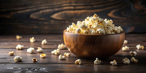 Aufkleber - A wooden bowl brimming with fluffy popcorn, kernels scattered artfully across a dark wood surface, creating a captivating still life of simple pleasure