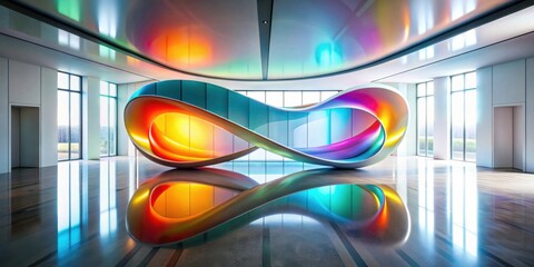 Poster - Modern Interior Design Featuring a Luminous, Infinite Loop Sculpture Reflecting on Polished Floors