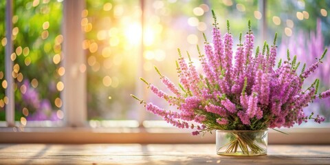 Poster - Sunlit Bouquet of Delicate Pink Flowers in a Clear Glass Vase on a Wooden Surface near a Window with a Soft Bokeh Background