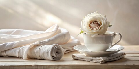 Aufkleber - Serene Still Life Featuring a Delicate Off-White Rose in a Porcelain Teacup, Resting on a Soft Linen Cloth