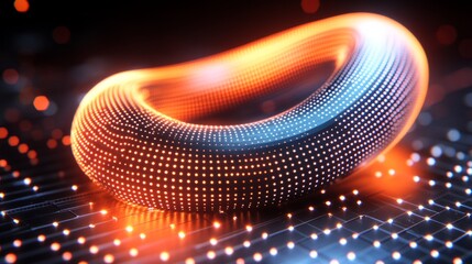 Aufkleber - Abstract Energy Ring: Glowing futuristic energy ring with a metallic texture,  spinning and emanating light in shades of orange and blue, set against a dark background with subtle grid pattern. 