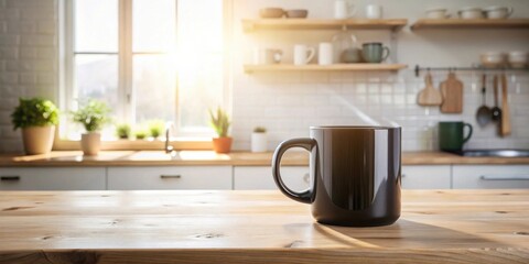 Poster - A warm morning beverage rests on a kitchen counter, sunlight streaming through a nearby window, showcasing a peaceful and inviting kitchen scene.