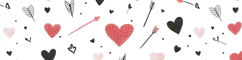 Poster - Seamless pattern of cute, tiny hearts and arrows in pink, red, and black on a white background. Simple vector illustration, flat design.