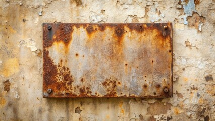 Aufkleber - Rusty Metal Plate Affixed to a Weathered Wall with Flaking Paint