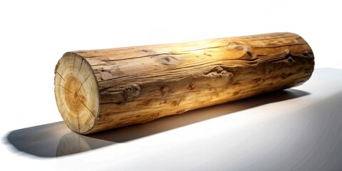 Aufkleber - A naturally weathered cylindrical log rests on a pristine white surface, casting a dramatic shadow that accentuates its organic texture and rich wood grain.
