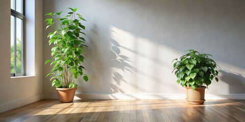 Aufkleber - Sunlit Room Interior with Two Potted Plants and Hardwood Floor