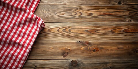 Poster - Rustic Wooden Surface with a Red and White Checkered Cloth Draped Elegantly