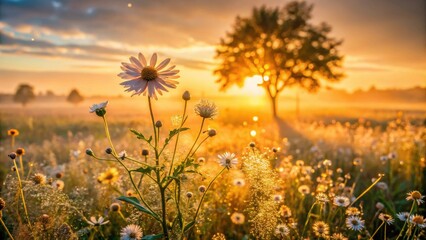 Poster - Golden Sunrise Illuminates Dew-Kissed Wildflowers in a Serene Meadow, Bathed in Warm Light