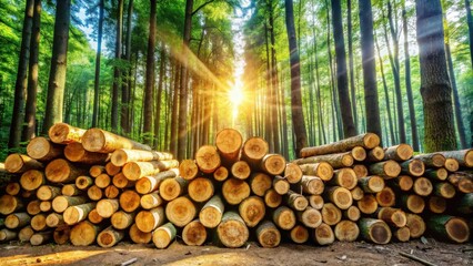 Poster - Sunlit Forest Lumber Pile A Stack of Cut Logs Basking in the Golden Rays of the Setting Sun, Showcasing the Beauty and Resource of a Lush Woodland