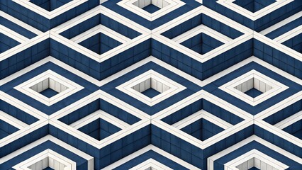 Poster - Intricate navy blue and off white geometric pattern featuring a mesmerizing 3D cube design creating an illusion of depth and complexity with a textured surface