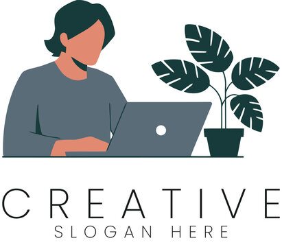 Person Working on Laptop Modern Minimalist Design Illustration home gray blue flat icon logo idea   