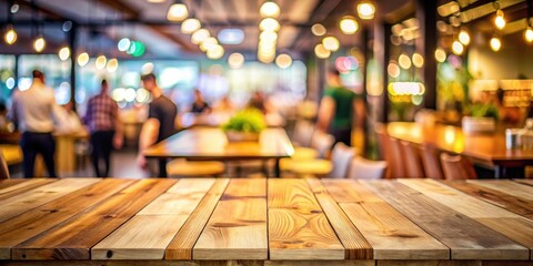 Poster - Rustic Wooden Tabletop with Blurred Background of a Warmly Lit Casual Restaurant Setting