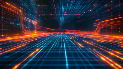 Poster - Dynamic glowing data flow virtual environment digital graphics abstract concept futuristic perspective