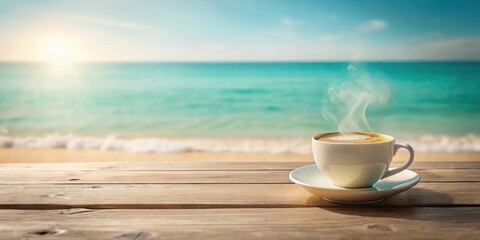 Poster - Aromatic Coffee by the Ocean Tranquil Morning Scene on a Wooden Table
