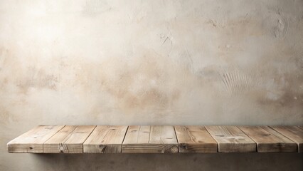 Poster - Rustic Wooden Shelf Against a Textured Wall Background, Ideal for Product Displays and Mockups