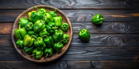 Poster - A Bountiful Harvest of Fresh Green Bell Peppers Displayed on a Rustic Wooden Bowl