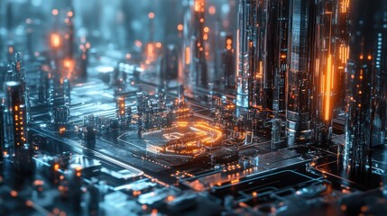 Fototapete - Abstract futuristic city illustration with glowing elements, depicting advanced technology