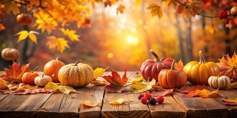 Poster - Rustic Autumnal Still Life Featuring Small and Large Pumpkins Adorned with Vibrant Fall Foliage on a Weathered Wooden Surface