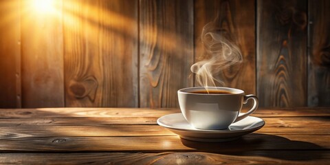 Poster - Warm morning beverage in a white cup on rustic wooden table with sunlight