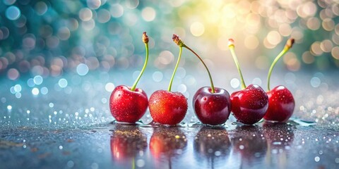 Poster - Luscious Red Cherries Glistening with Dew Drops on a Reflective Surface, Illuminated by a Soft, Dreamy Backdrop