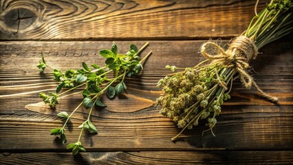 Poster - Aromatic Herb Bundles on Rustic Wooden Surface Fresh and Dried Culinary Greens