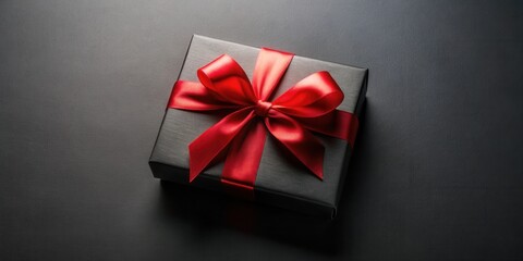 Poster - A luxuriously wrapped dark present with a vibrant crimson ribbon, a symbol of elegance and thoughtful gifting.