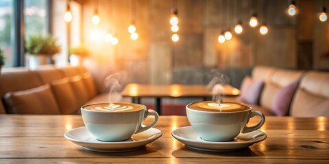 Poster - Two steaming cups of latte art coffee on a wooden table in a cafe with warm lighting