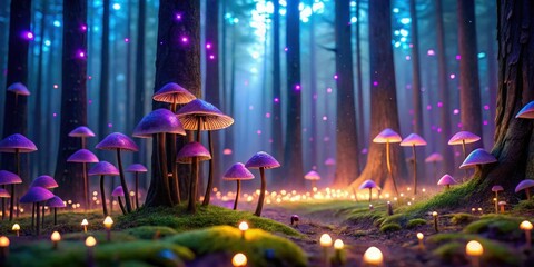 Poster - Enchanted Forest Path Illuminated by Glowing Fungi and Fairy Lights at Night
